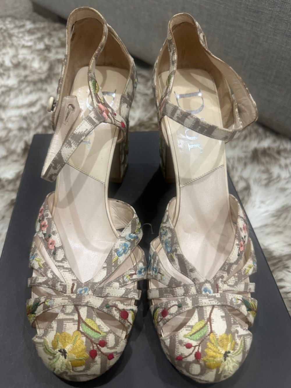 Dior Beige Floral Embroidered Ankle-Strap Block Heels